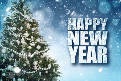 Image of Happy New Year. Beautifully decorated Christmas tree on light blue background, bokeh effect