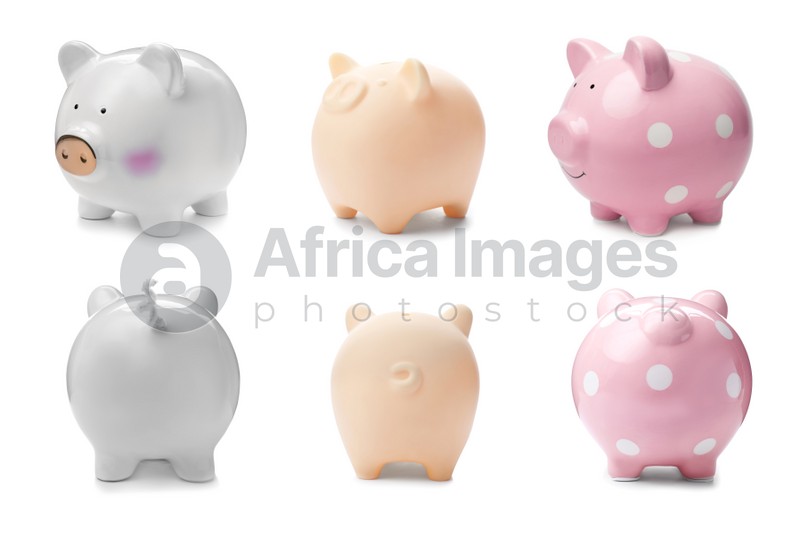 Set with different piggy banks on white background. Money saving