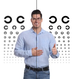 Collage with photos of man with and without glasses and eye charts on white background. Visual acuity testing