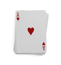 Deck of playing cards on white background, top view