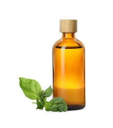 Bottle of essential oil and basil on white background