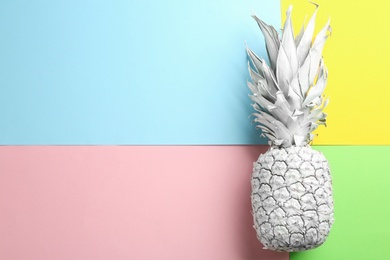 Photo of White pineapple on color background, top view with space for text. Creative concept