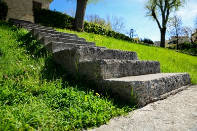 Stone stairs and green grass outdoors on sunny day, closeup