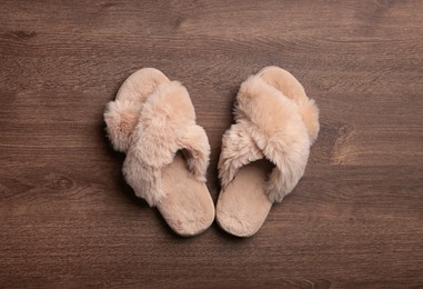 Pair of soft slippers on wooden floor, top view