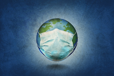 Illustration of Earth with medical mask on blue background. Coronavirus outbreak
