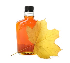 Bottle of tasty maple syrup and dry leaf on white background