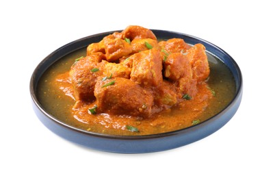 Plate of delicious chicken curry on white background