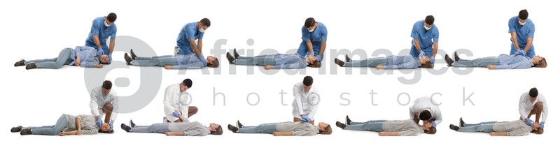 Doctor performing first aid on unconscious woman against white background, collage. Banner design