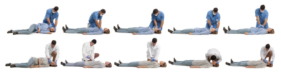 Doctor performing first aid on unconscious woman against white background, collage. Banner design
