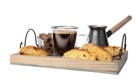 Wooden tray with tasty cantucci, aromatic coffee and brown sugar on white background. Traditional Italian almond biscuits