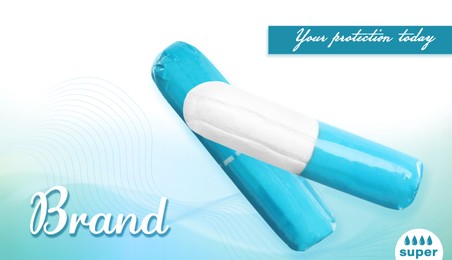 Tampons in turquoise packages on color background, banner design. Mockup for your brand 