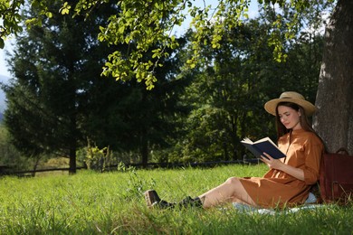 Young woman reading book under tree on meadow near forest