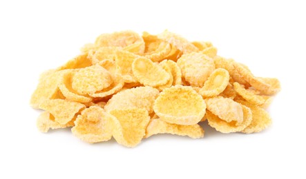 Pile of tasty cornflakes on white background, closeup. Healthy breakfast cereal