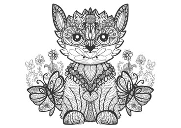 Illustration of Cute little kitten on white background, illustration. Coloring page