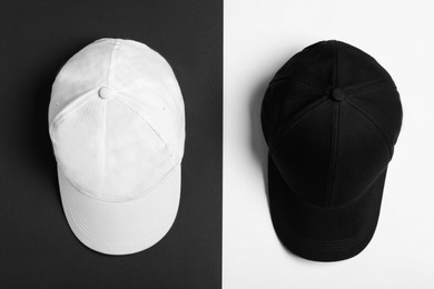 Baseball caps on color background, flat lay Mock up for design