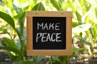 Photo of Chalkboard with phrase Make Peace in garden outdoors