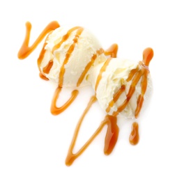 Balls of tasty vanilla ice cream with caramel topping on white background