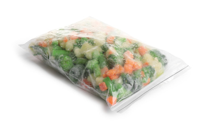 Frozen vegetables in plastic bag isolated on white