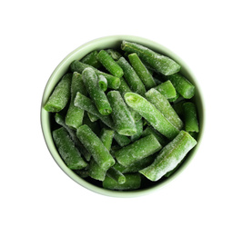 Frozen green beans in bowl isolated on white, top view. Vegetable preservation