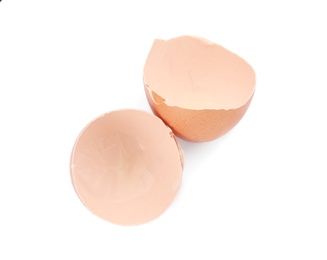 Egg shells on white background, top view. Composting of organic waste