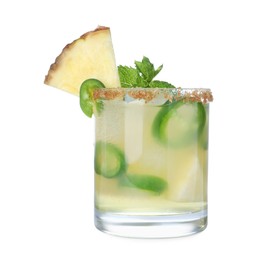 Photo of Spicy pineapple cocktail with jalapeno and mint isolated on white