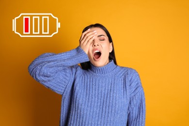 Image of Tired woman yawning and illustration of discharged battery on yellow background