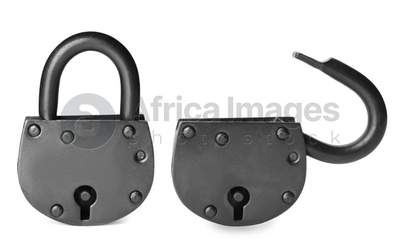 Locked and open metal padlocks on white background, collage