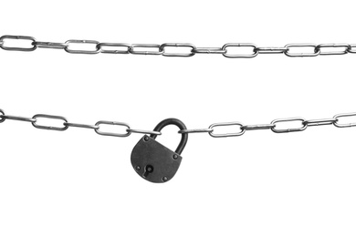 Steel padlock and chains isolated on white, top view. Safety concept