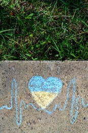 Cardiogram line with heart drawn by blue and yellow chalk on asphalt near green grass, top view