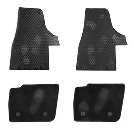 Set with dirty black car floor mats on white background, top view