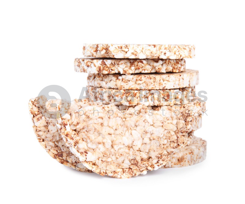 Stack of crunchy buckwheat cakes on white background