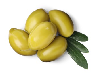 Olives with green leaves on white background, top view