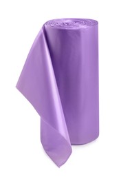 Roll of violet garbage bags on white background. Cleaning supplies