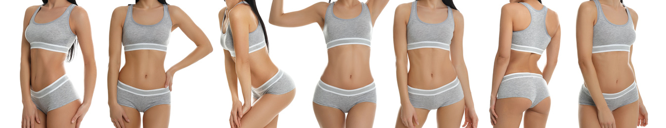 Collage of young woman in grey sportive underwear isolated on white, closeup. Banner design 