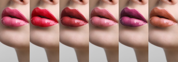 Collage with photos of young woman with different glossy lipsticks, closeup. Banner design