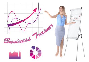 Professional business trainer giving presentation and graphics against white background