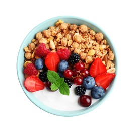 Photo of Tasty granola with berries on white background. Healthy meal