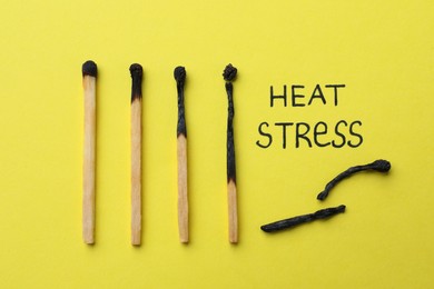 Different stages of burnt matches and words Heat Stress on yellow background, flat lay