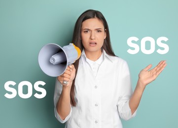 Doctor with megaphone and words SOS on color background. Asking for help
