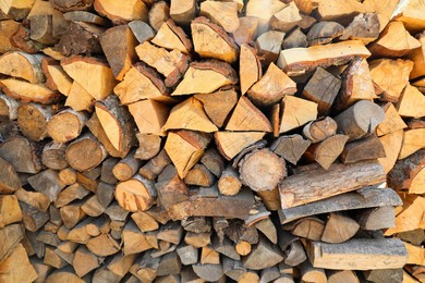 Stacked firewood as background. Heating in winter