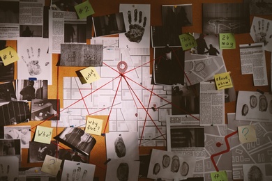 Detective board with fingerprints, photos, map and clues connected by red string