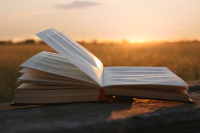 Open book on wooden bench in field at sunset, closeup