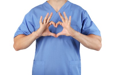 Doctor making heart with hands on white background, closeup
