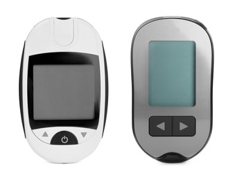 Digital glucometers on white background, collage. Diabetes control