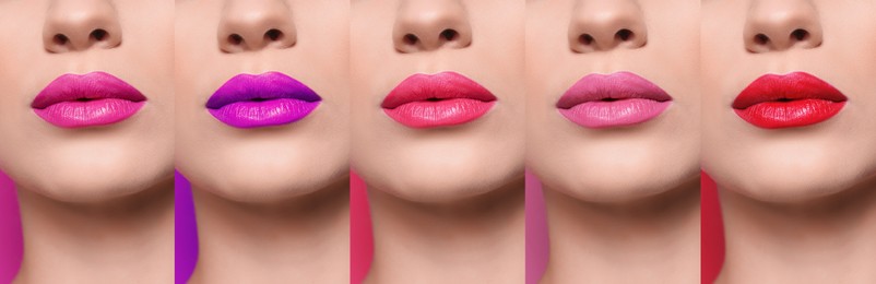 Collage with photos of young woman with different lipsticks, closeup. Banner design