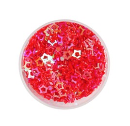 Red sequins in shape of stars on white background, top view