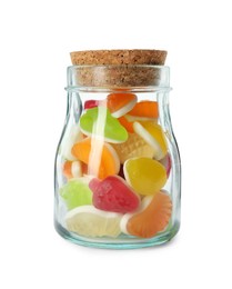 Delicious gummy fruit shaped candies in jar isolated on white