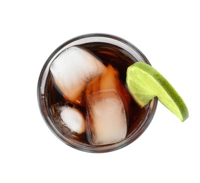 Glass of Rum and Cola cocktail on white background, top view. Traditional alcoholic drink