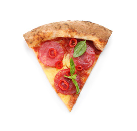 Slice of delicious pizza isolated on white, top view