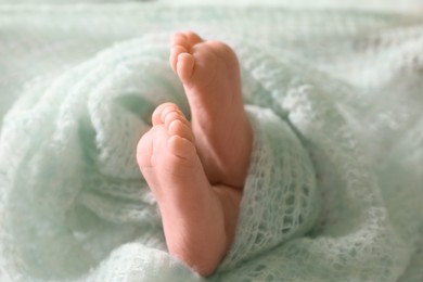 Photo of Cute newborn baby covered in turquoise crocheted plaid on bed, closeup of legs